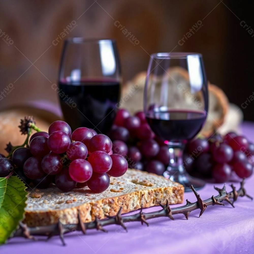 A Close Up Photograph Of A Last Supper Still Life Bread, Wine, Grapes, And Thorns. Vivid Purples And Deep Ultraviolet Lighting Create A Dramatic Contrast. Sharp Focus On The Subject With A Soft, Bokeh Blurred Background