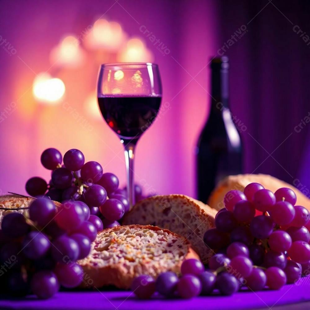 A Close Up Photograph Of Bread, Wine, Grapes, And A Crown Of Thorns, Styled As The Last Supper. Deep Ultraviolet Lighting, Blurred Background With Bokeh, High Contrast, Sharp Focus, Vivid Purple Tones