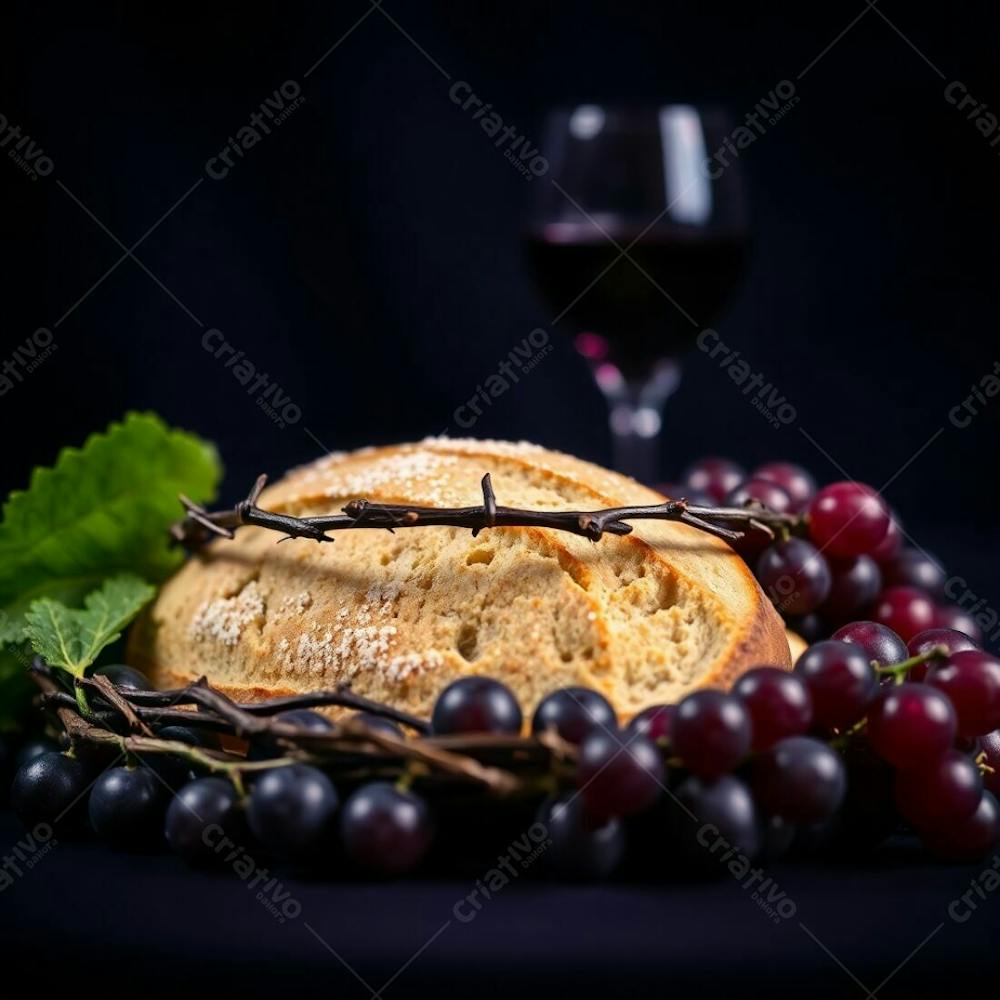 A Close Up, Highly Detailed Photograph Of Bread, A Wine Glass, Grapes, And A Crown Of Thorns, Arranged As A Last Supper Representation. Ultraviolet Tones, Blurred Bokeh Background, High Contrast, Sharp Focus On The Elements