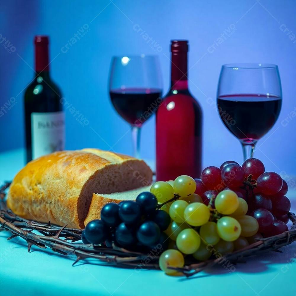 A Conceptual Photograph Of A Last Supper Still Life Bread, Wine, Grapes, And Thorns. Deep Ultraviolet Lighting, High Contrast, Sharp Focus On The Objects, Softly Blurred Background.