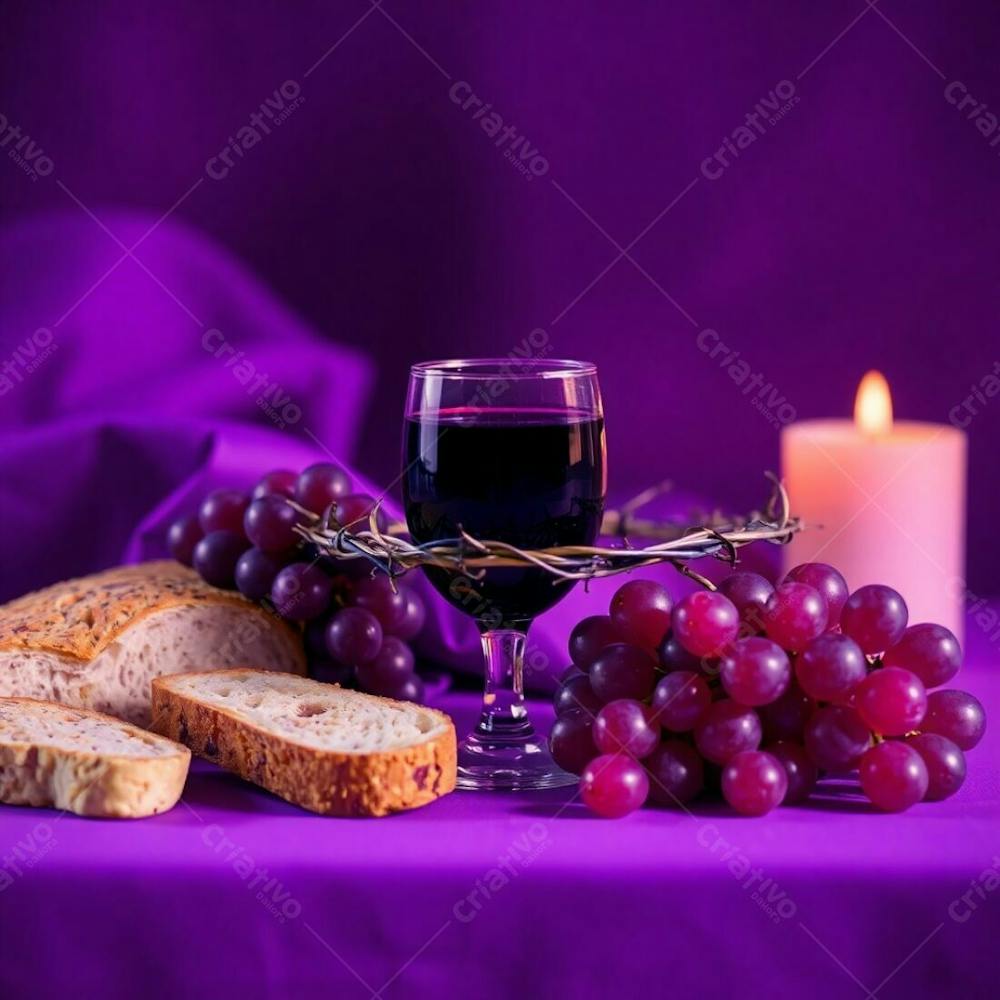 A Detailed Photograph Of A Last Supper Still Life Bread, A Wine Chalice, Grapes, And A Crown Of Thorns. Deep Ultraviolet Tones Are Enhanced By A Bokeh Effect, High Contrast, And Sharp Focus On The Central Objects