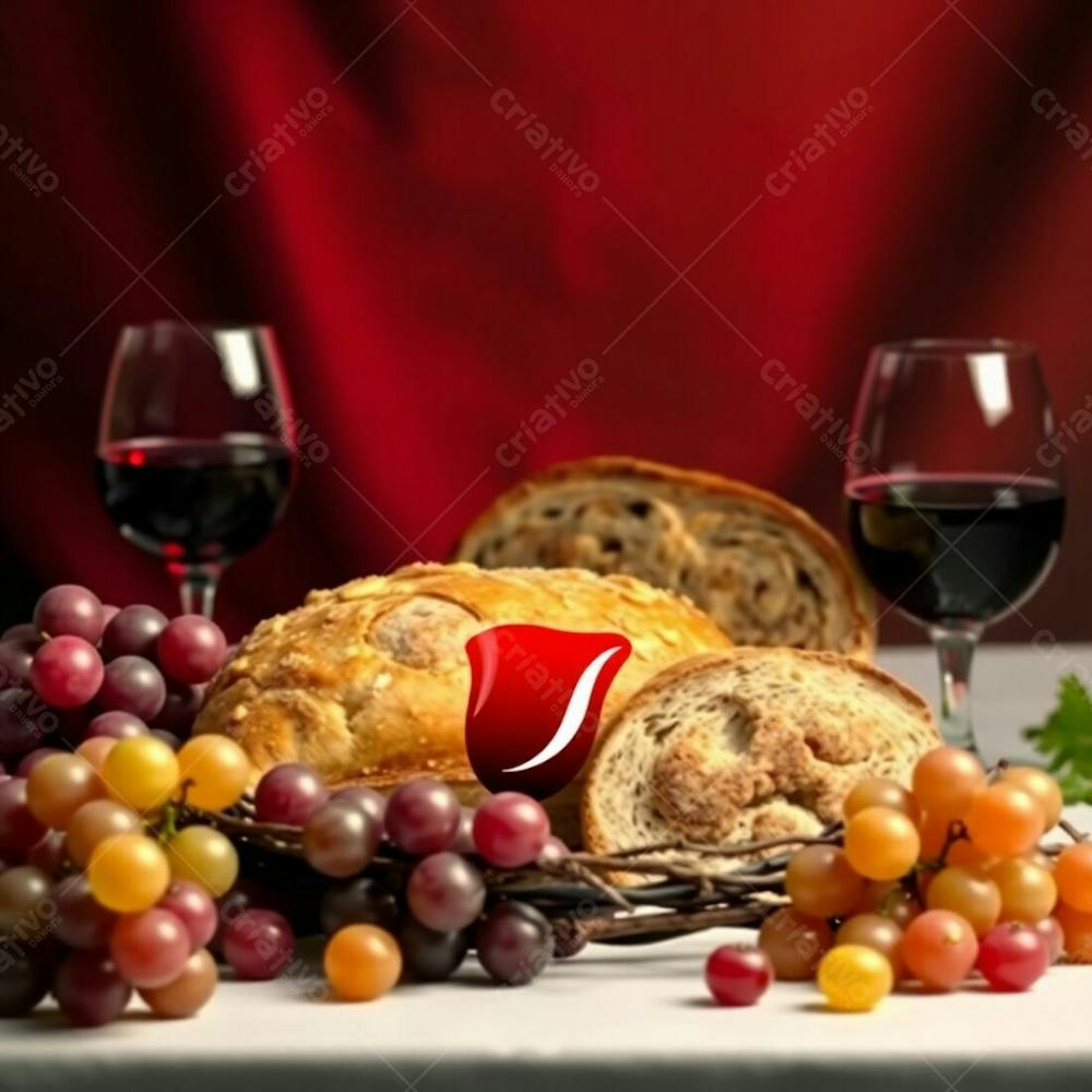 A Digital Art Piece Showing A Last Supper Still Life Bread, Wine, Grapes, And A Crown Of Thorns. Predominantly Warm Toned Reds, Oranges, And Yellows. Sharp Focus On The Food And Crown, Softly Blurred Background