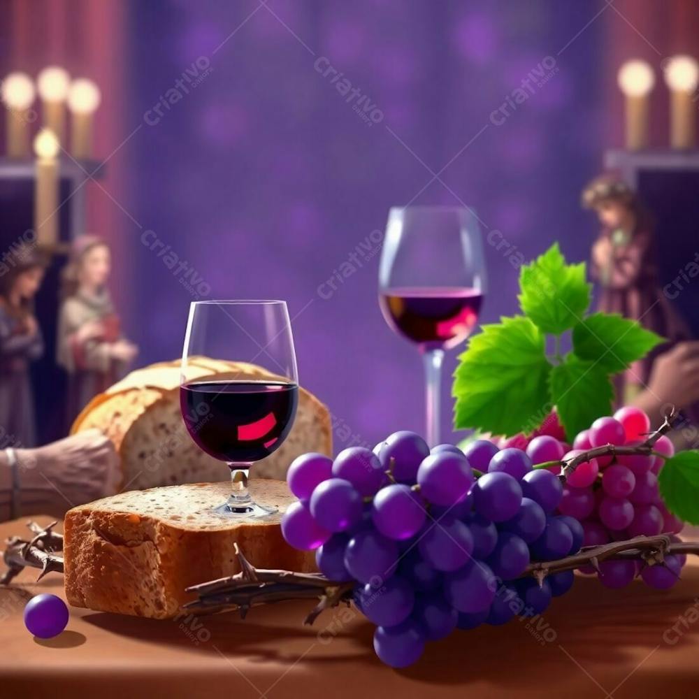 A Digital Illustration Of The Last Supper Bread, Wine, Grapes, And Thorns. Ultraviolet Hues, A Bokeh Effect, High Contrast, And Sharp Focus On The Central Elements Are Key. The Background Is Softly Blurred