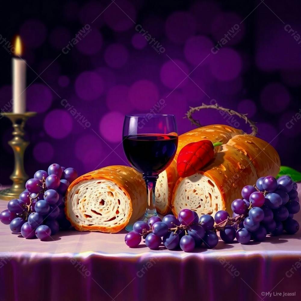 A Digital Painting Depicting A Last Supper Still Life Bread, Wine Goblet, Grapes, Crown Of Thorns. Deep Ultraviolet Hues, Vivid Purples, Blurred Bokeh Background, High Contrast, Sharp Focus On The Objects