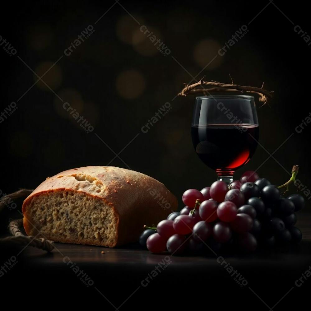 A Digital Painting Depicting Bread, A Wine Chalice, Grapes, And A Crown Of Thorns Representing The Last Supper In Intense Jet Black With A Blurred Bokeh Effect, Deep Shadows, Sharp Focus On The Objects, And A Soft, Out Of Foc