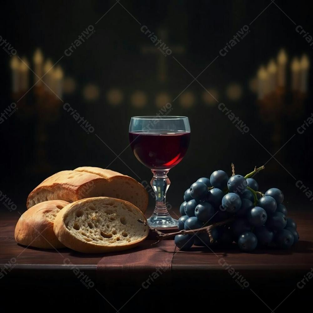 A Digital Painting Depicting Bread, A Wine Chalice, Grapes, And A Crown Of Thorns Representing The Last Supper, Rendered In Intense Jet Black With A Blurred Bokeh Effect, Deep Shadows, And Sharp Focus On The Subjects