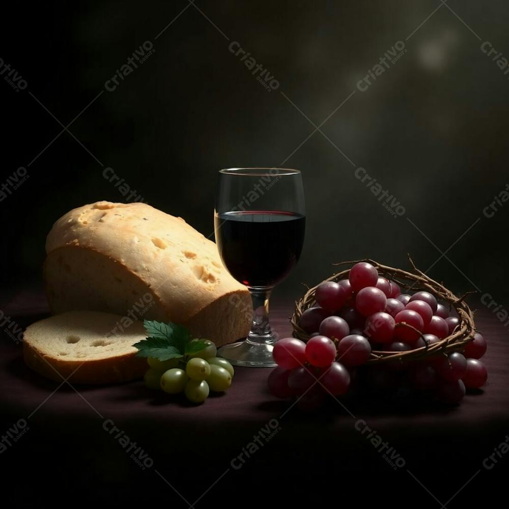 A Digital Painting Depicting Bread, A Wine Goblet, Grapes, And A Crown Of Thorns Representing The Last Supper, Rendered In Intense Jet Black With A Blurred Bokeh Effect, Deep Shadows, And Sharp Focus On The Subjects