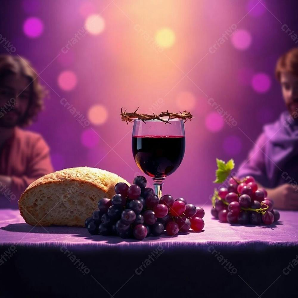 A Digital Painting Depicting The Last Supper Bread, Wine Chalice, Grapes, And Crown Of Thorns Bathed In Deep Ultraviolet Hues, Blurred Bokeh Background, Vivid Purples, High Contrast, Sharp Focus On The Central Objects