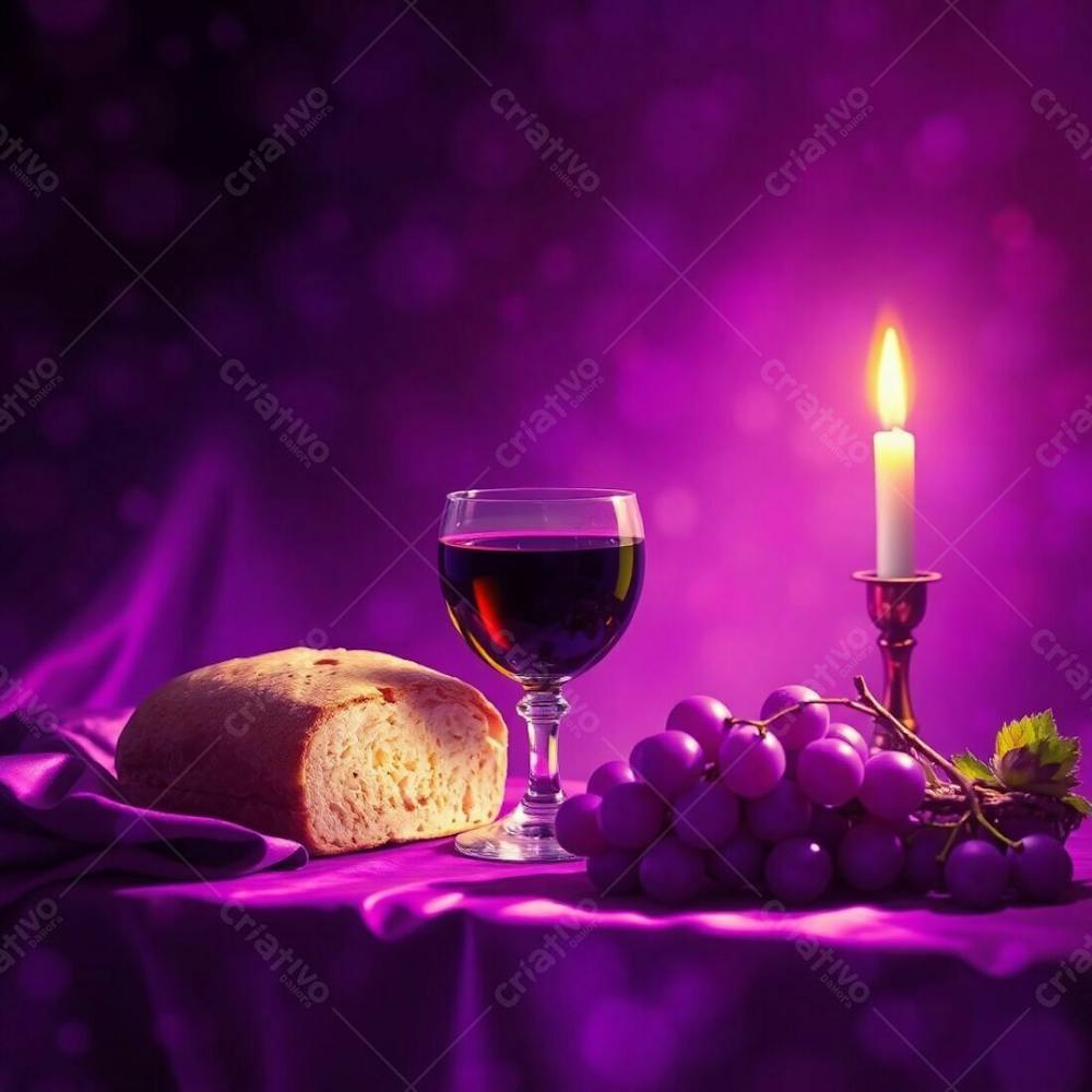 A Digital Painting Depicting The Last Supper Bread, Wine Chalice, Grapes, And Crown Of Thorns Bathed In Deep Ultraviolet Hues. Bokeh Effect, Vivid Purples, High Contrast, Sharp Focus On The Objects, Softly Blurred Background