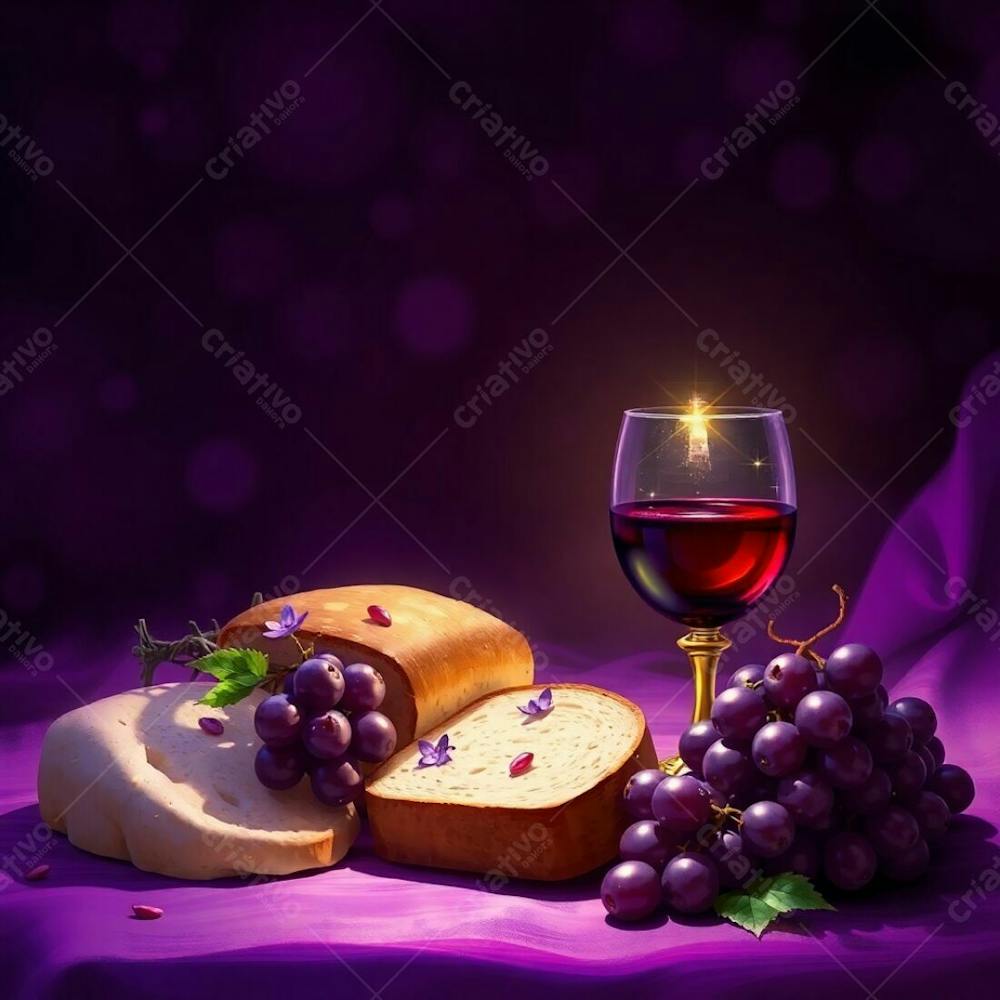 A Digital Painting Depicting The Last Supper Bread, Wine Chalice, Grapes, And Crown Of Thorns, Bathed In Deep Ultraviolet Hues, Blurred Bokeh Background, Vivid Purples, High Contrast, Sharp Focus On The Central Elements