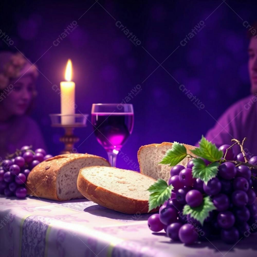 A Digital Painting Depicting The Last Supper Bread, Wine Chalice, Grapes, And Crown Of Thorns, Bathed In Deep Ultraviolet Hues. Bokeh Effect Softens The Background, Contrasting With The Sharp Focus On The Vivid Purple Elemen