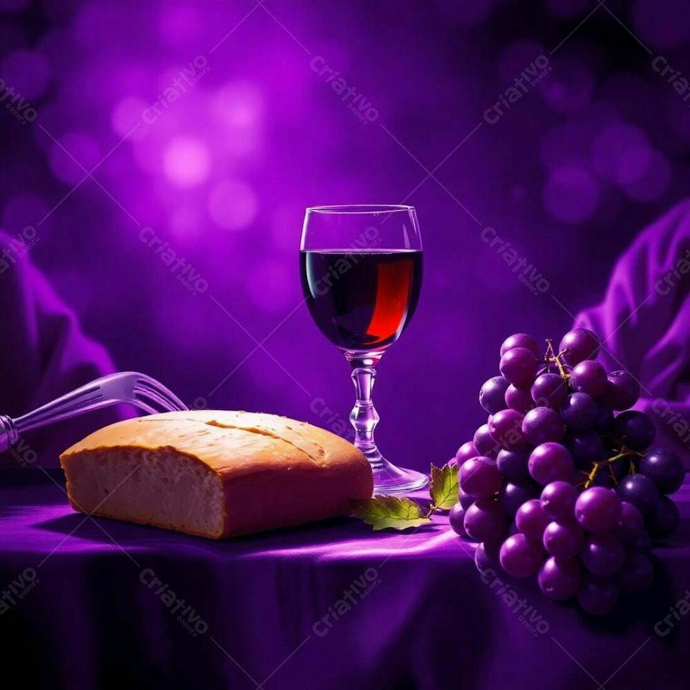 A Digital Painting Depicting The Last Supper Bread, Wine Goblet, Grapes, And Crown Of Thorns, Bathed In Deep Ultraviolet Hues. Bokeh Effect Blurs The Background, Creating High Contrast And Sharp Focus On The Central Objects.