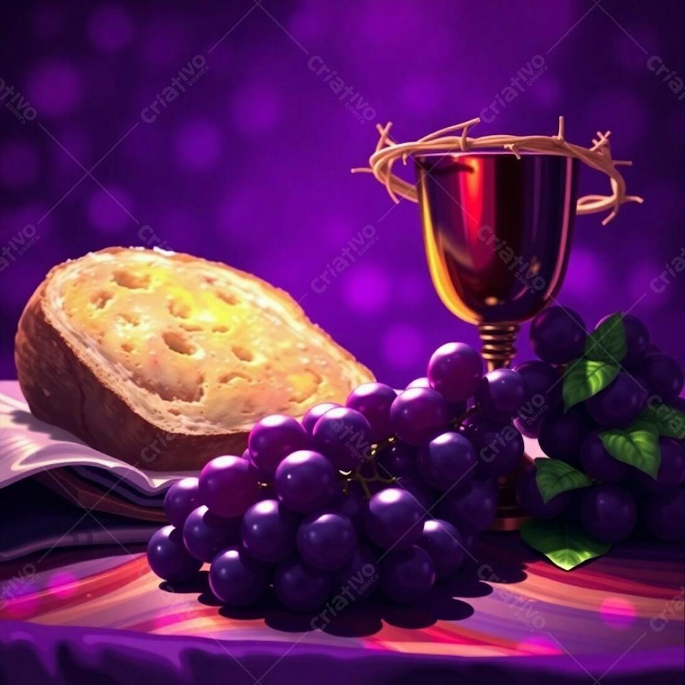 A Digital Painting Depicting The Last Supper Bread, Wine Goblet, Grapes, And Crown Of Thorns, Bathed In Deep Ultraviolet Hues. Bokeh Effect, Vivid Purples, High Contrast, Sharp Subject Focus, Soft Background Blur