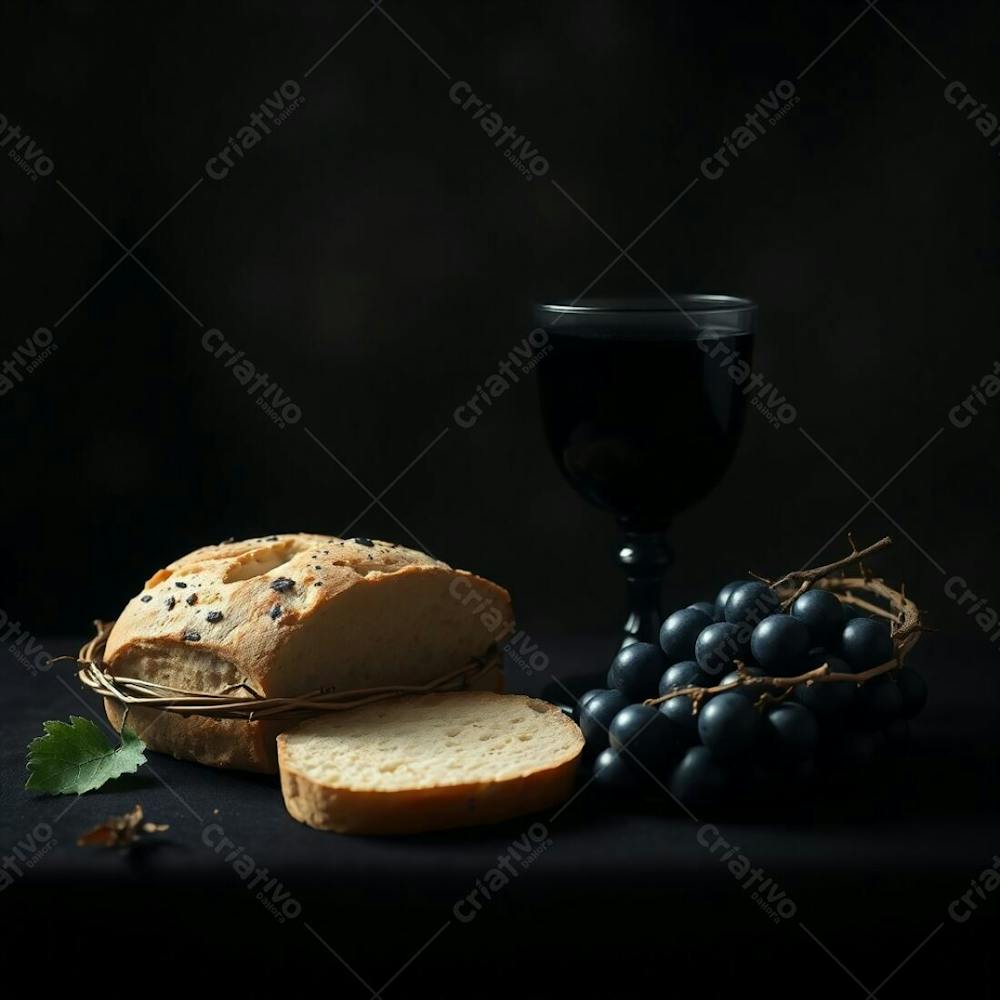 A Digital Painting Of Bread, A Wine Chalice, Grapes, And A Crown Of Thorns, A Representation Of The Last Supper, In Pure Black And Deep Shadows, Utilizing A Blurred Bokeh Effect For A Soft Background And Sharp Focus On The Ma