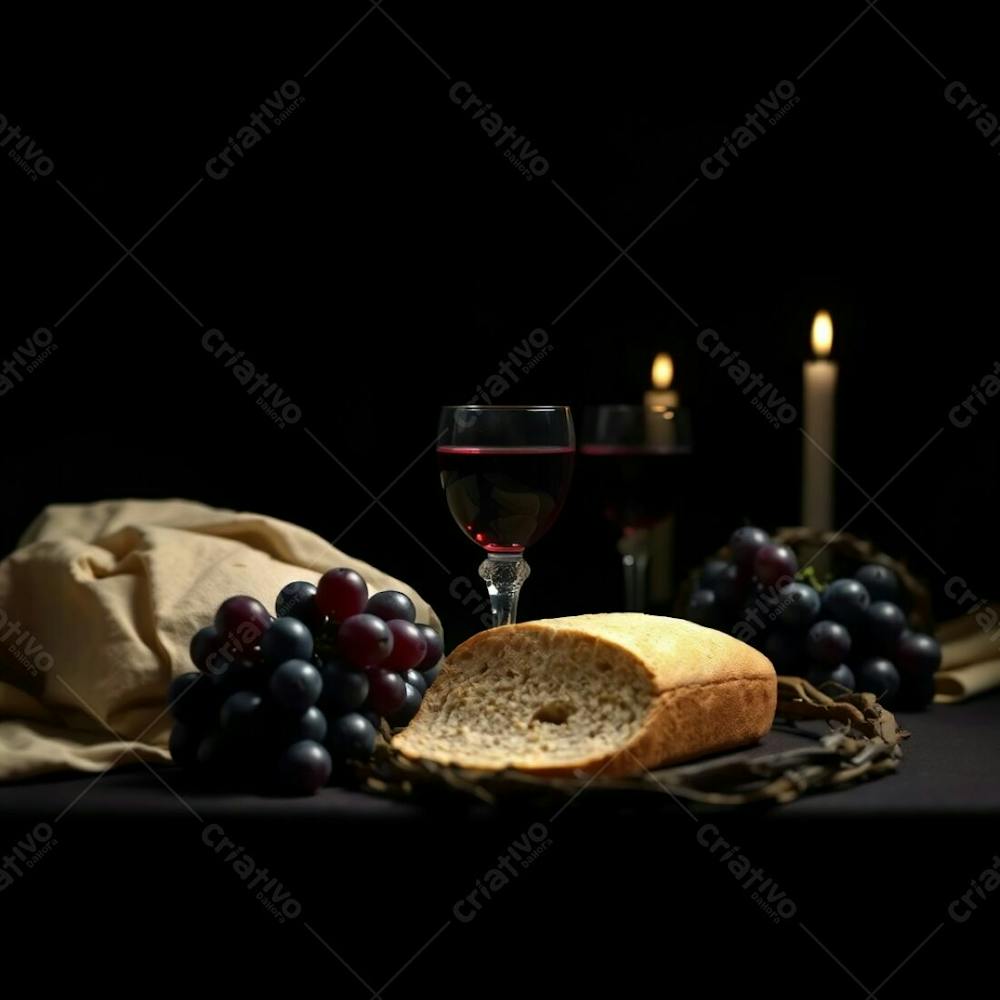 A Digital Rendering Of The Last Supper Bread, A Wine Goblet, Grapes, And A Crown Of Thorns, Presented In Intense Jet Black, Utilizing A Blurred Bokeh Effect To Highlight The Central Elements, With Deep Shadows Enhancing The D