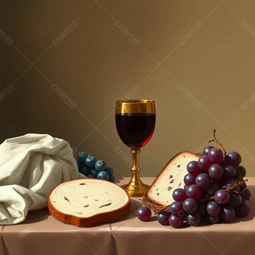 A Digitally Painted Last Supper Still Life Bread, Wine Chalice, Grapes, And A Crown Of Thorns In A Refined And Elegant Style Using Natural Earth Tones