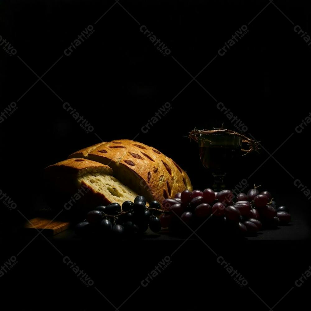 A Dramatic Chiaroscuro Style Artwork Portraying A Last Supper Still Life; Bread, A Wine Goblet, Grapes And A Crown Of Thorns Are Sharply Defined Against A Blurred Black Background. The Effect Is Achieved With Intense Black T