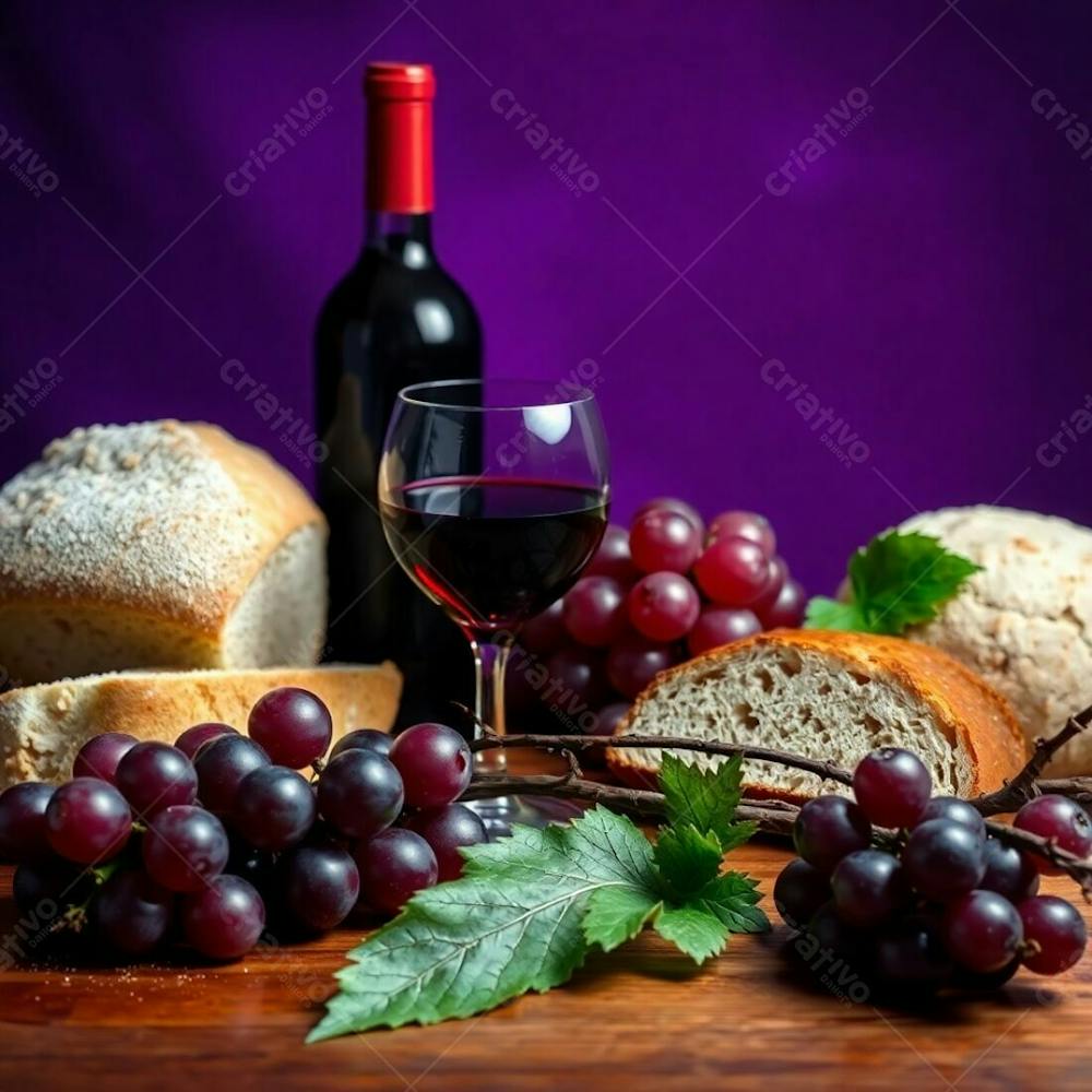 A Hyperrealistic Digital Image Of A Last Supper Still Life Bread, Wine, Grapes, Thorns. Deep Ultraviolet And Vivid Purple Color Palette, Sharp Focus On The Objects, Soft Background Blur