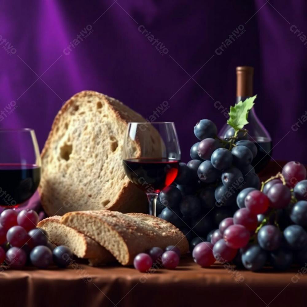 A Hyperrealistic Digital Painting Of A Last Supper Still Life Bread, Wine, Grapes, Crown Of Thorns. Deep Ultraviolet And Purple Hues, High Contrast, Sharp Focus, Soft Bokeh Background