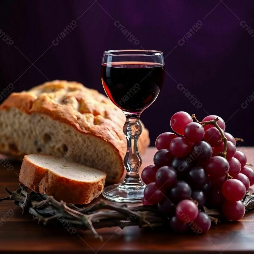 A Hyperrealistic Rendering Of A Last Supper Still Life Bread, Wine Goblet, Grapes, And Thorns. Deep Ultraviolet Hues, Vivid Purples, Sharply Focused Central Elements, Soft Background Bokeh