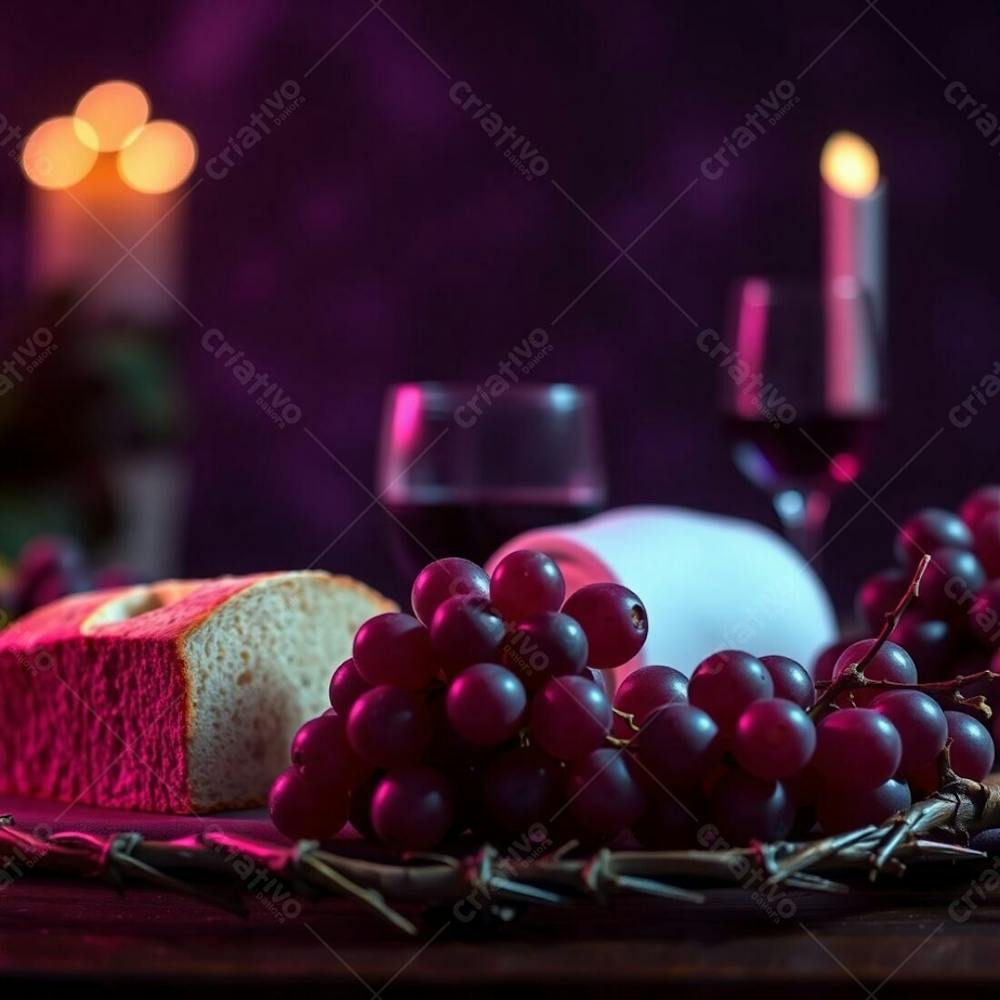 A Hyperrealistic Rendering Of The Last Supper Bread, Wine, Grapes, And Thorns. Deep Ultraviolet Hues, Blurred Bokeh Background, High Contrast, Sharp Focus On The Objects, Rich Purples