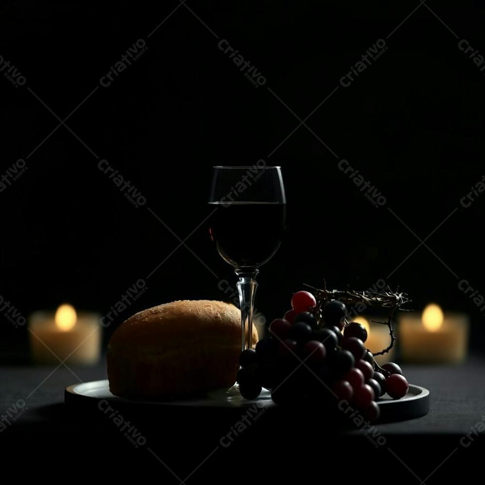 A Minimalist Digital Artwork Of Bread, A Wine Chalice, Grapes, And A Crown Of Thorns Representing The Last Supper, In Pure Black, With A Blurred Bokeh Background, Creating An Intense And Dramatic Visual Representation