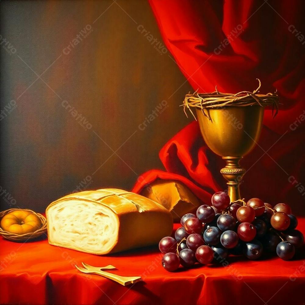 A Painting Depicting The Last Supper Bread, Wine Chalice, Grapes, And Crown Of Thorns, Bathed In Warm Reds, Oranges, And Yellows. Sharp Focus On The Objects, Blurred Bokeh Background. Oil On Canvas, Classic Chiaroscuro Style