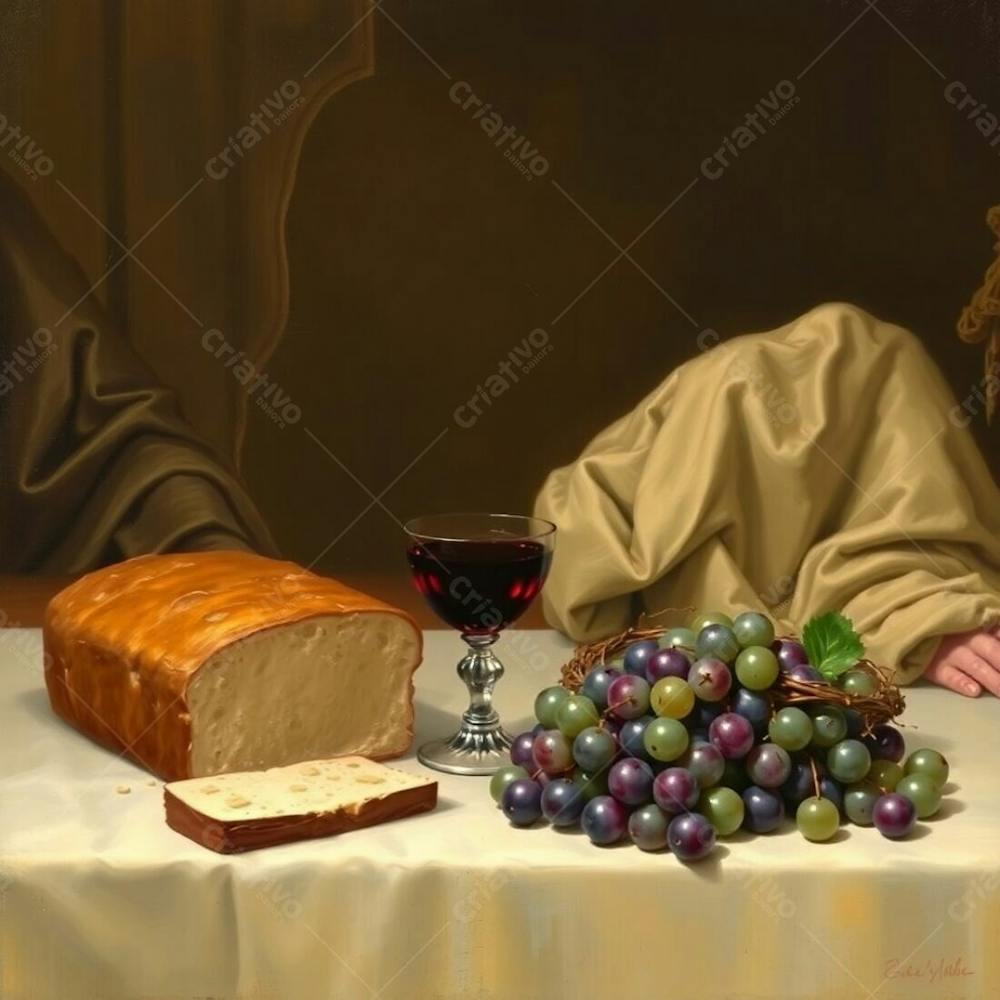 A Painting Depicting The Last Supper Bread, Wine Chalice, Grapes, And Crown Of Thorns, Rendered In Muted Earth Tones Of Brown And Beige, Exhibiting Graceful Elegance And Refined Details. The Style Is Realistic With A Focus O