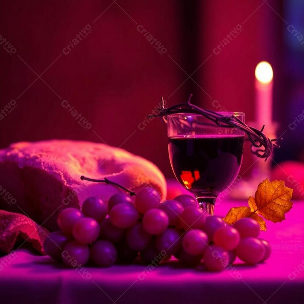 A Photograph Depicting The Last Supper Bread, Wine Cup, Grapes, And Crown Of Thorns, Using Deep Ultraviolet Hues And A Blurred Bokeh Effect. High Contrast, Sharp Subject Focus, And Soft Background