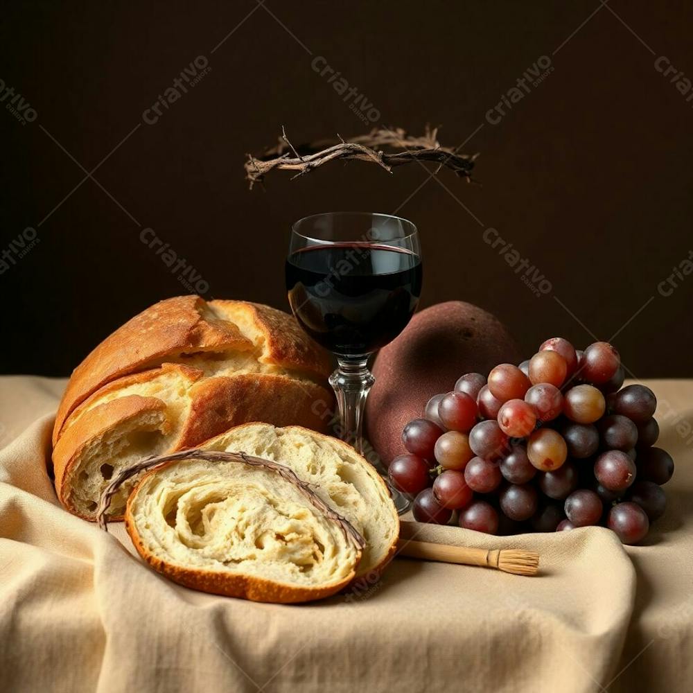 A Photograph Of A Meticulously Arranged Still Life Bread, Wine Chalice, Grapes, And Crown Of Thorns. Earth Tones, Browns, And Beiges Dominate. The Image Is Elegant And Graceful, Exhibiting Refined Textures