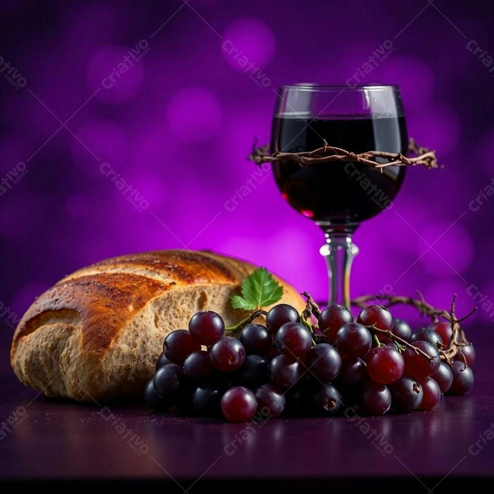 A Photograph Of A Still Life Bread, Wine Chalice, Grapes, And Crown Of Thorns. Deep Ultraviolet Hues Dominate, With A Blurred Bokeh Effect Creating A Soft Background. High Contrast Highlights The Objects&#39; Sharp Details