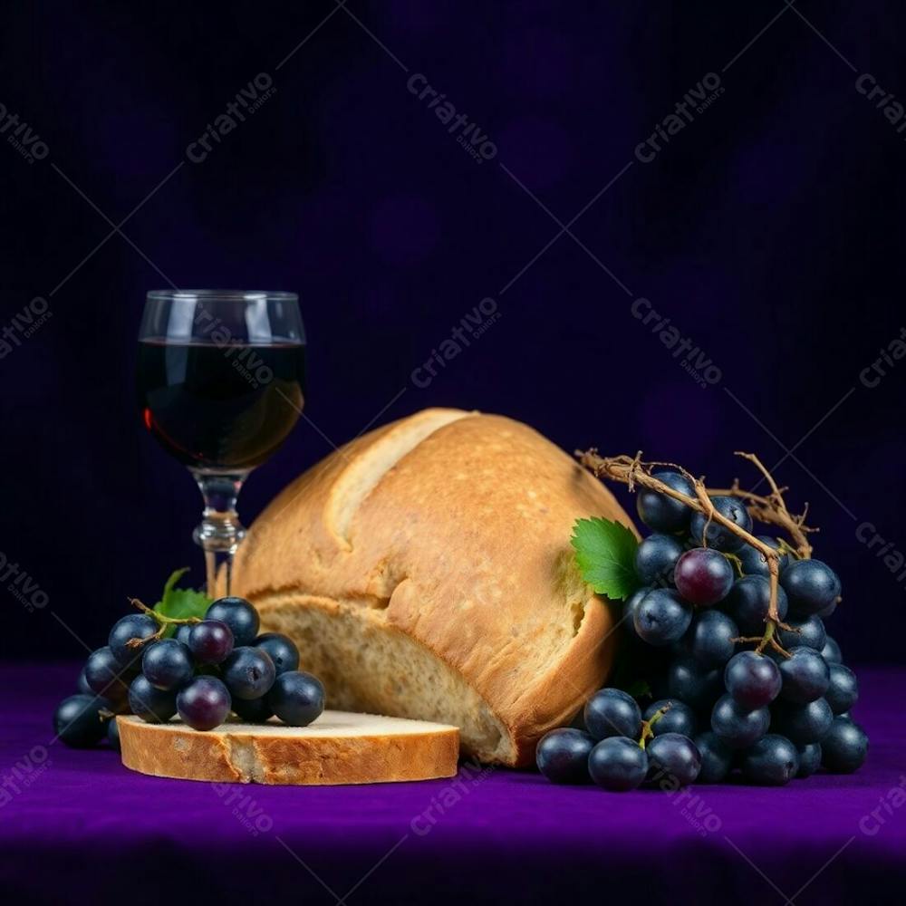 A Photograph Of A Still Life Bread, Wine Goblet, Bunch Of Grapes, And Crown Of Thorns Arranged For A Last Supper Interpretation. Deep Ultraviolet Tones, Blurred Background With Bokeh, High Contrast, Sharp Subject Focus