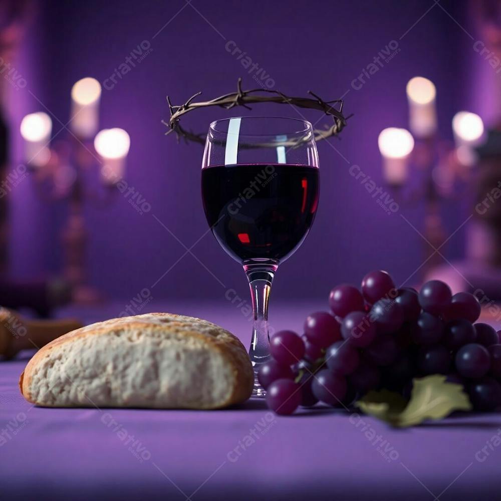 A Photorealistic Digital Render Of The Last Supper Bread, Wine Cup, Grapes, Crown Of Thorns. Deep Ultraviolet Hues, Vivid Purples, Blurred Bokeh Effect, High Contrast, Sharp Subject Focus, Soft Background