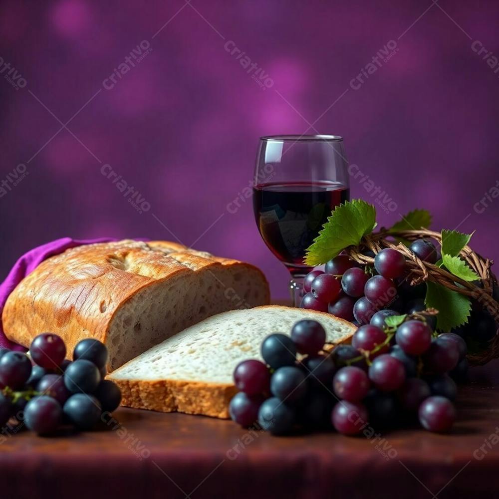 A Photorealistic Digital Rendering Of A Last Supper Still Life Bread, A Wine Chalice, Grapes, And A Crown Of Thorns. Vivid Purples And Deep Ultraviolet Hues Are Key, With A Blurred Bokeh Background And Sharp Subject Focus