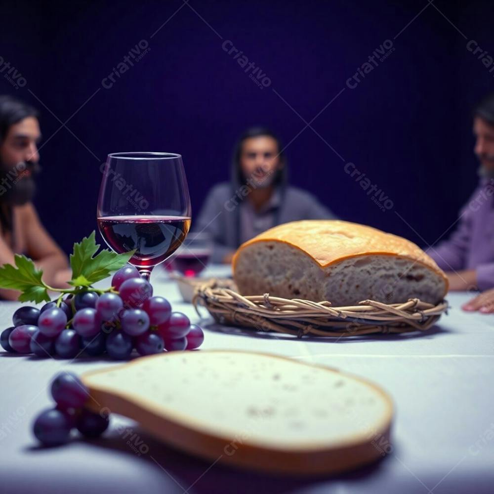 A Photorealistic Digital Rendering Of The Last Supper Bread, Wine, Grapes, And A Crown Of Thorns. Ultraviolet Color Scheme, Strong Contrast Between The Sharp, In Focus Elements And The Softly Blurred Background