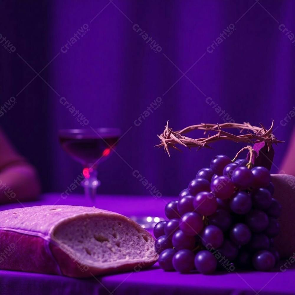 A Photorealistic Image Of The Last Supper Bread, Wine Goblet, Grapes, And Crown Of Thorns. Deep Ultraviolet Lighting Creates A Dramatic Mood. Bokeh Effect Softens The Background, Emphasizing The Sharp Focus On The Vividly Pu