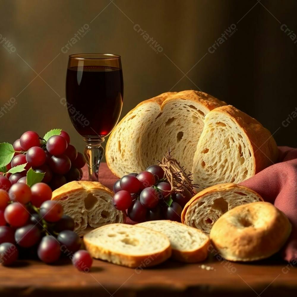 A Photorealistic Image Of A Last Supper Still Life Featuring Bread, A Wine Goblet, Grapes, And A Crown Of Thorns. Warm, Rich Colors In Reds, Oranges, And Yellows; Sharp Focus On The Objects, Soft Blurred Background