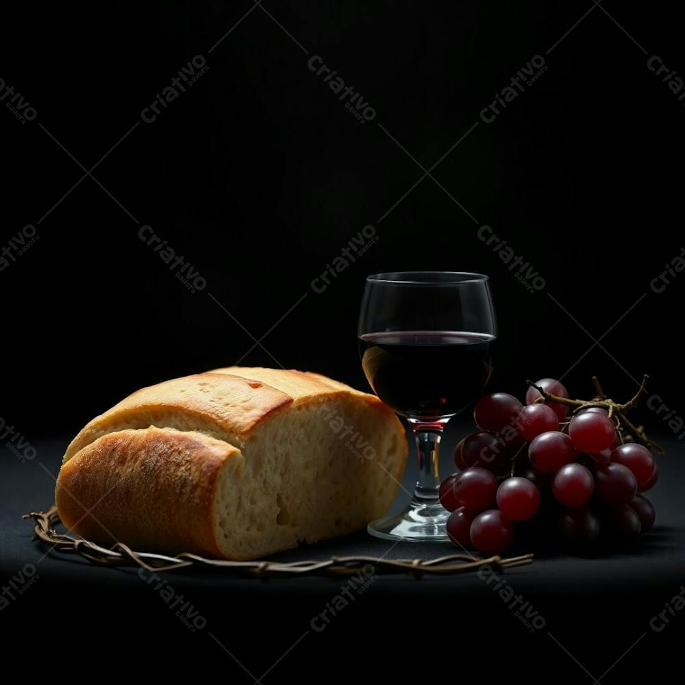 A Photorealistic Rendering Of Bread, A Wine Chalice, Grapes, And A Crown Of Thorns, Representing The Last Supper, In Pure Black With A Blurred Bokeh Effect, Deep Shadows, And Sharp Subject Focus, Creating A Soft Background