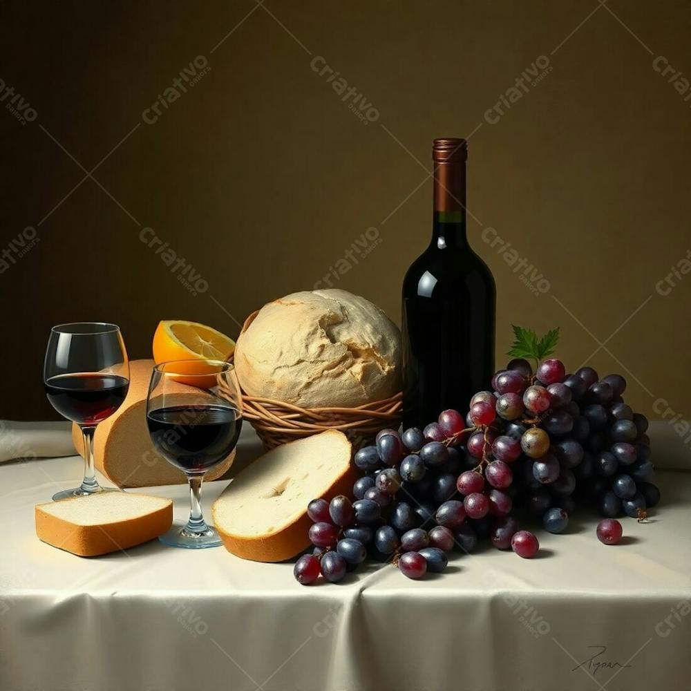 A Realistic Rendering Of A Last Supper Still Life Using Digital Painting Techniques. The Composition Includes Bread, Wine, Grapes, And A Crown Of Thorns, Rendered In A Palette Of Earth Tones, Browns, And Beiges. The Style Is