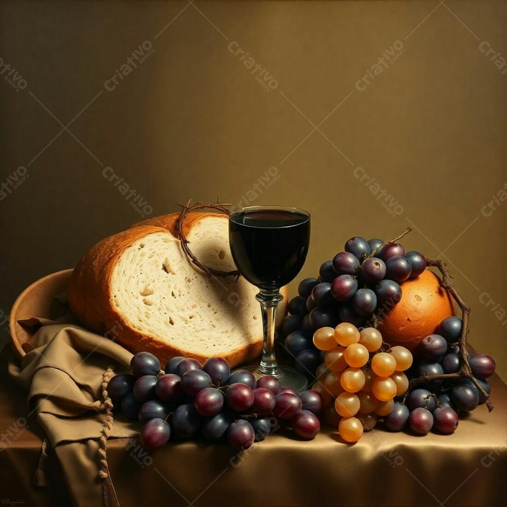 A Still Life Painting Depicting The Last Supper Bread, Wine Chalice, Grapes, And Crown Of Thorns. Earth Tones, Browns, And Muted Beiges Dominate. Elegant And Refined Aesthetic, Graceful Composition, Detailed Textures