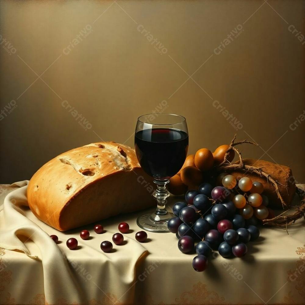 A Still Life Painting Depicting The Last Supper Bread, Wine Chalice, Grapes, And Crown Of Thorns. Muted Browns, Beiges, And Earth Tones. Elegant And Graceful Composition, Refined Details, Soft Lighting