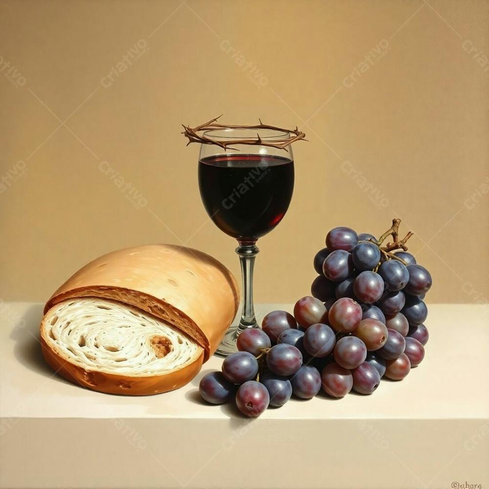 A Still Life Painting In Muted Browns And Beiges Depicts Bread, A Wine Goblet, Grapes, And A Crown Of Thorns Representing The Last Supper, Elegant And Refined In Style