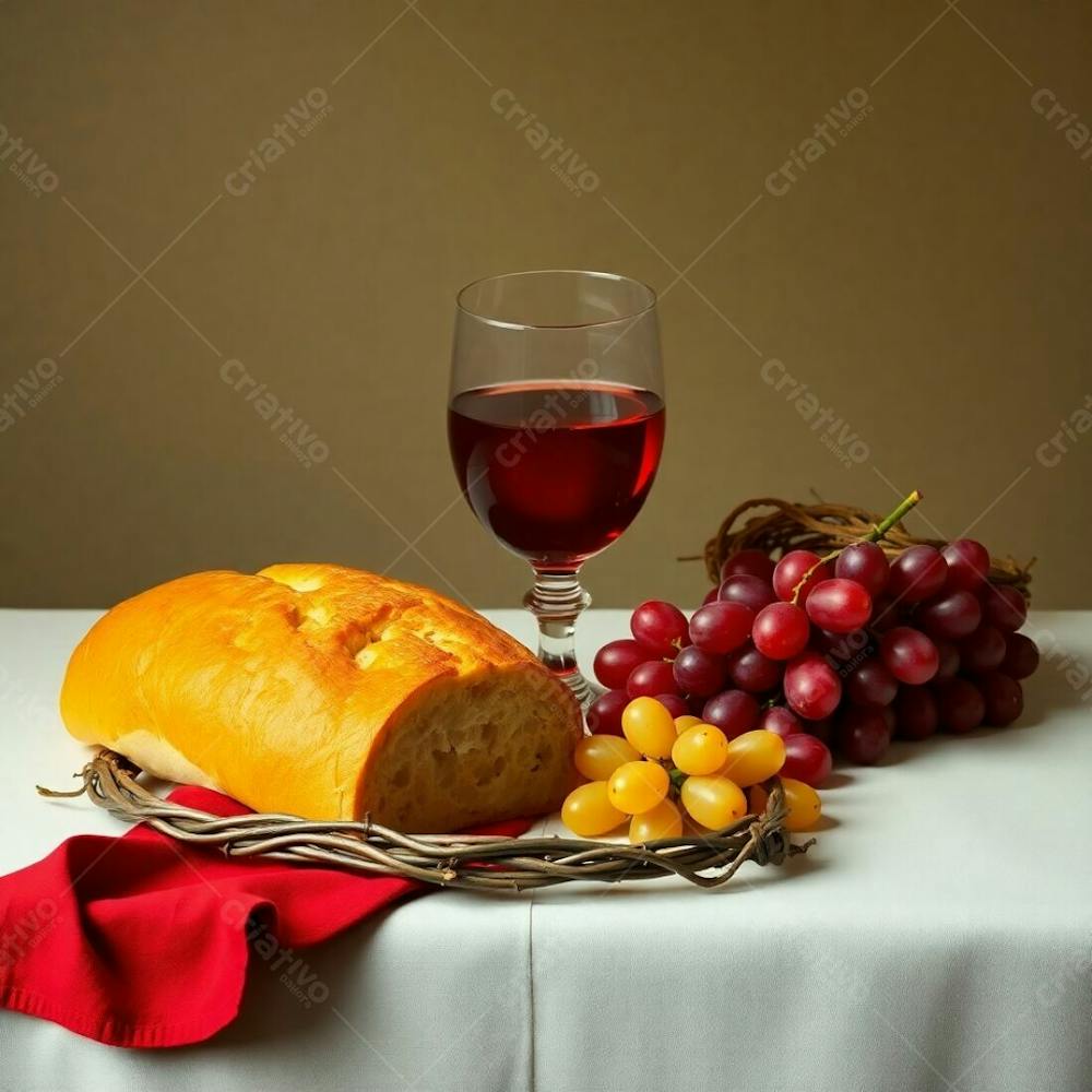 A Still Life Warm Bread, A Wine Chalice, A Bunch Of Grapes, And A Crown Of Thorns Representing The Last Supper. Red, Orange, And Yellow Color Palette, Elegant And Graceful Style.