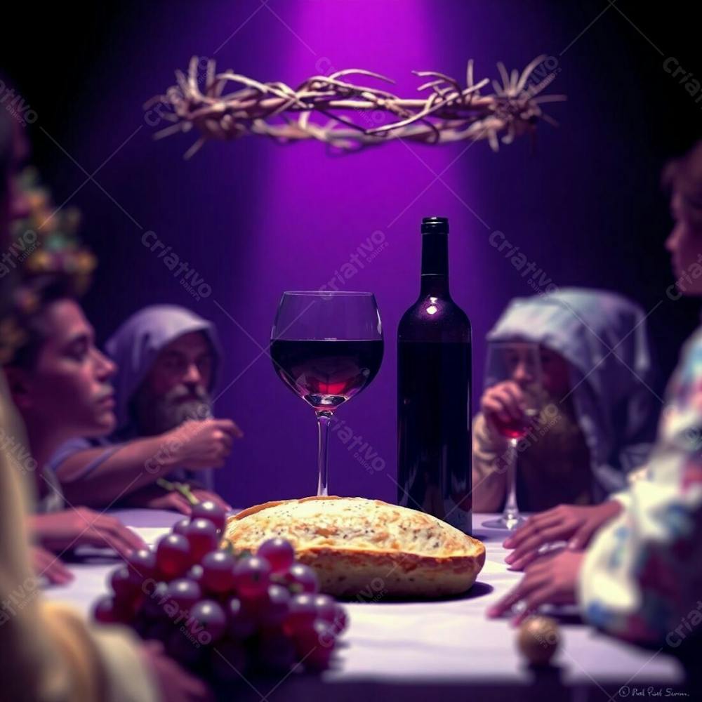 A Surreal Digital Painting Of The Last Supper Bread, Wine, Grapes, Crown Of Thorns. Vivid Purples, Deep Ultraviolet Shadows. High Contrast Between Sharp Foreground And Blurred Background Using Bokeh