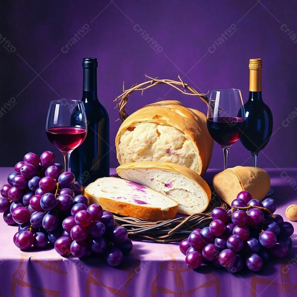 A Surrealist Painting Of A Last Supper Still Life Bread, Wine, Grapes, Crown Of Thorns. Deep Ultraviolet Hues, Vibrant Purples, High Contrast, Sharp Focus On The Subject, Soft, Blurry Background Bokeh Effect