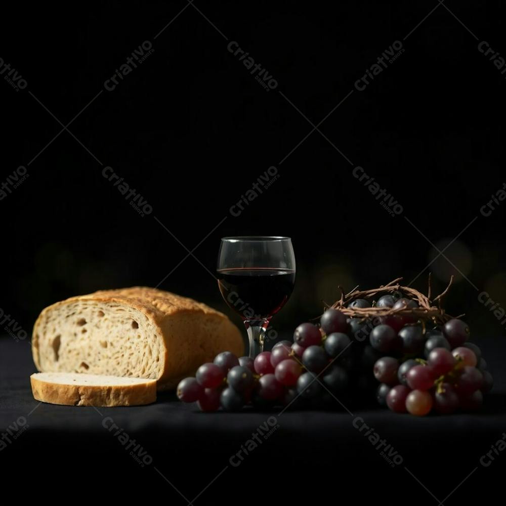 An Abstract Artwork Depicting Bread, A Wine Chalice, Grapes, And A Crown Of Thorns, Representing The Last Supper, In Pure Black With A Blurred Bokeh Effect For A Soft, Dreamlike Background With Sharp Focus On The Main Subject