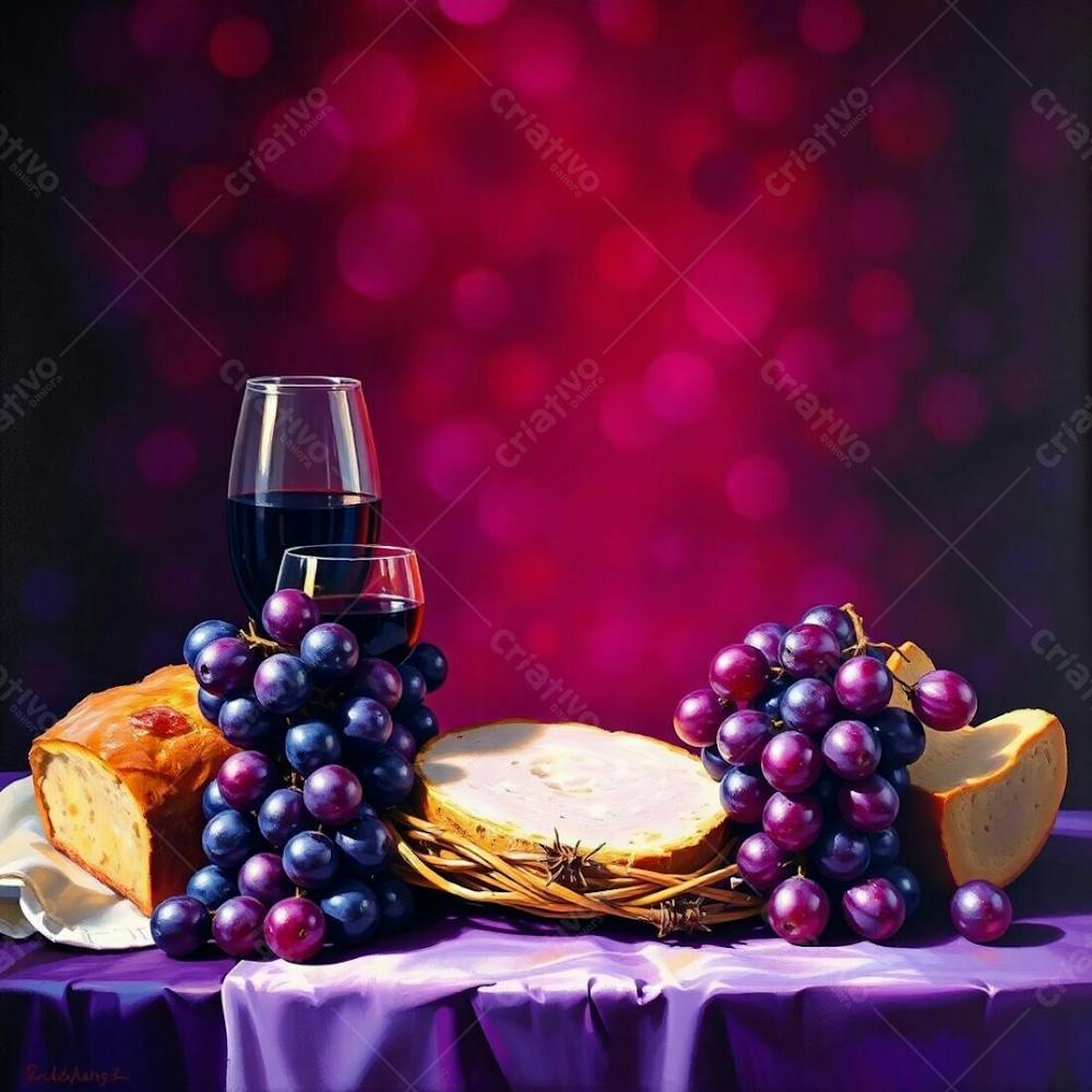 An Acrylic Painting Of A Last Supper Still Life Bread, Wine, Grapes And A Crown Of Thorns. Deep Ultraviolet Hues, Blurred Bokeh Background, High Contrast, Sharp Central Focus