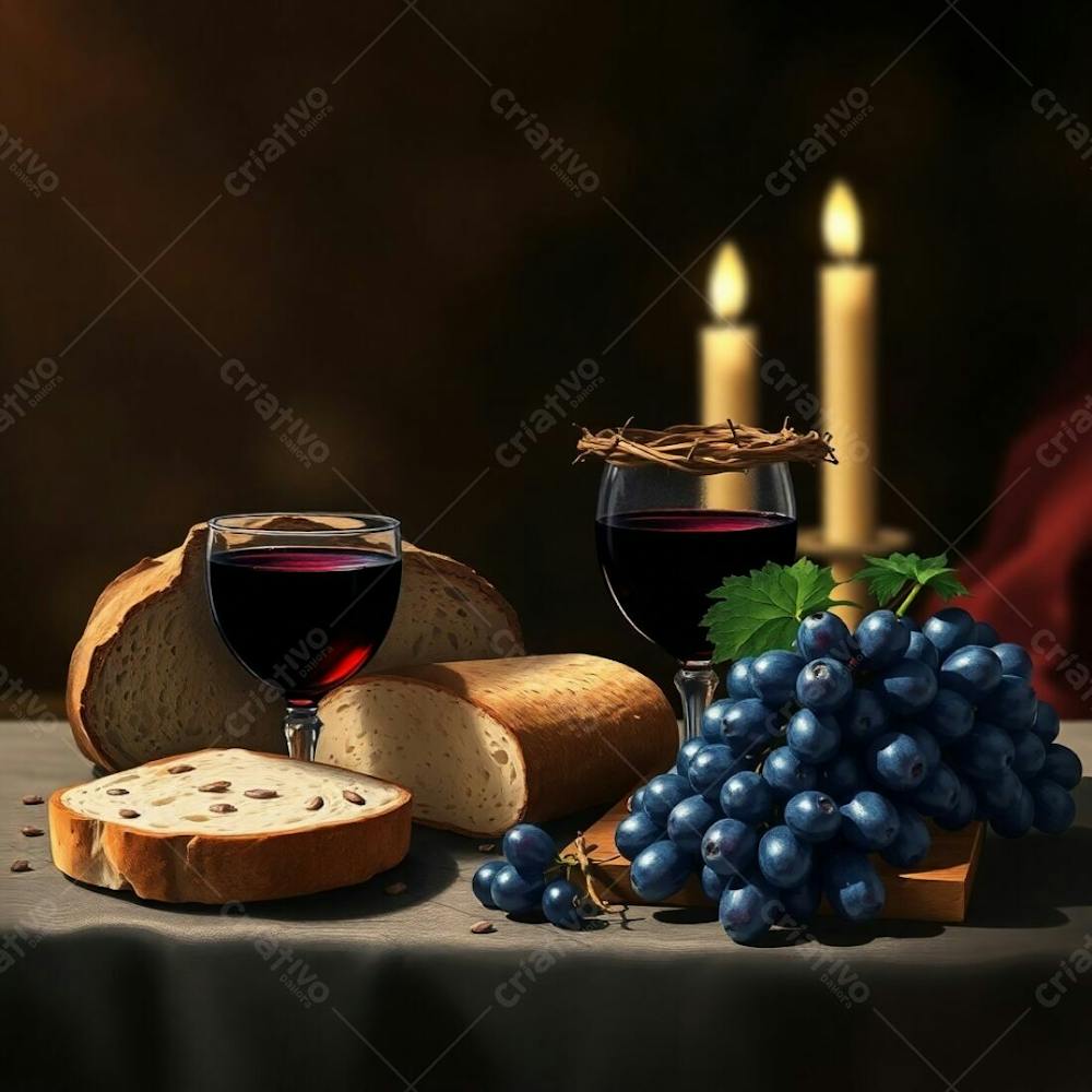 An Illustration In The Style Of Rembrandt, Featuring Bread, A Wine Chalice, Grapes, And A Crown Of Thorns, Symbolic Of The Last Supper, Rendered In Intense Jet Black With A Blurred Bokeh Effect, Deep Shadows, And A Sharply Fo