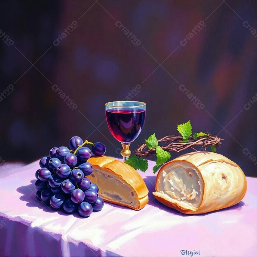 An Impressionistic Painting Of A Last Supper Still Life Bread, A Wine Chalice, Grapes, And Crown Of Thorns. Ultraviolet Hues Create A Dreamlike Quality, High Contrast Against A Blurred Bokeh Background With Sharp Focus On Th