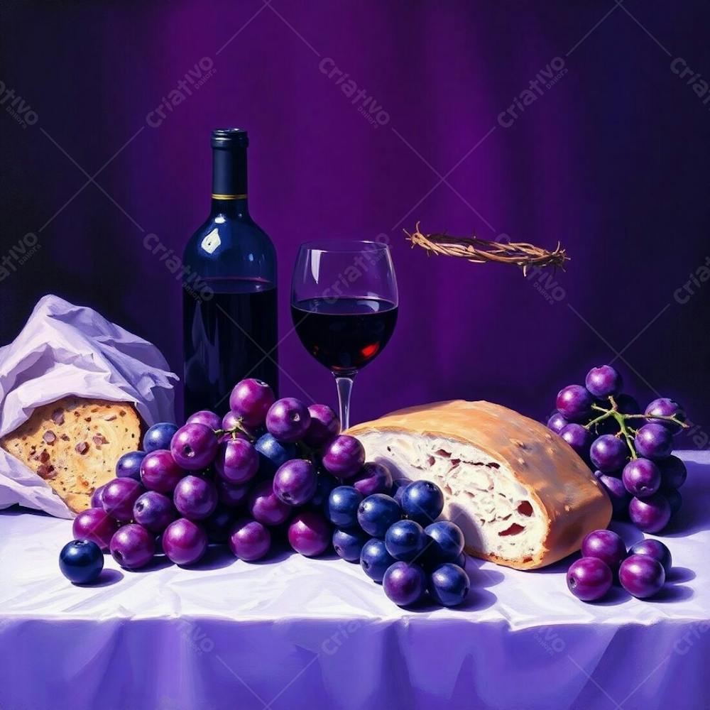 An Oil Painting Of A Last Supper Still Life Bread, Wine, Grapes, And A Crown Of Thorns. Ultraviolet Tones, Vivid Purples And Deep Shadows, Highly Contrasted, Sharp Focus On The Still Life, Blurry Background